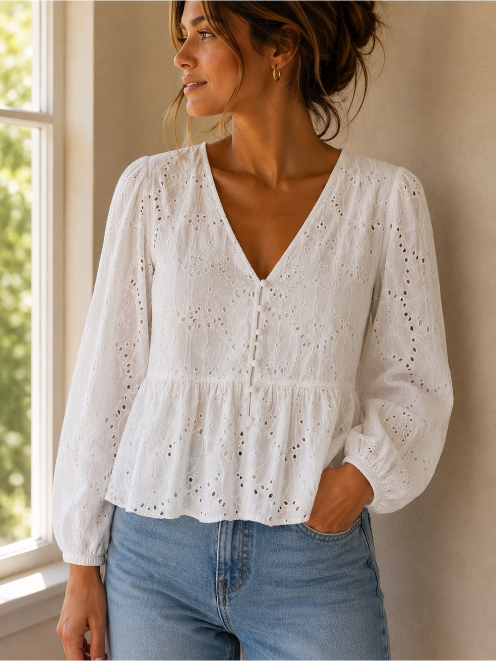 French Connection White Eyelet Peplum Blouse